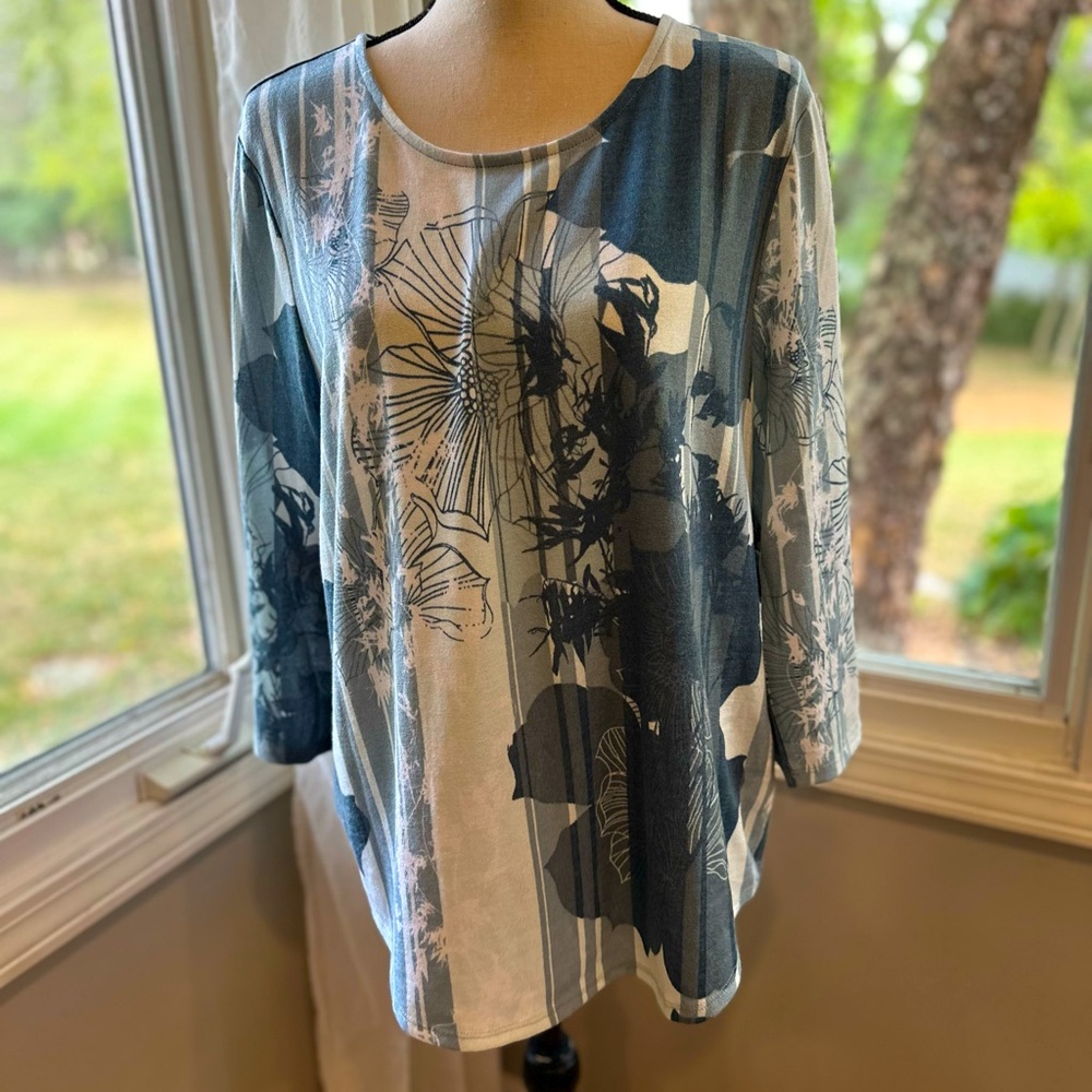 Chico’s Artsy Stripe & Floral Print 3/4 Sleeve Top Teal